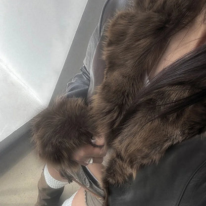 American 2024 Winter New Fur Collar Spliced Leather Jacket Street Hot Girl Fashion Slim and Warm Jacket