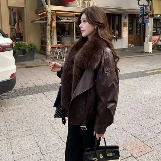OFTBUY Women's Detachable Real Fox Fur Collar Goose Down Jacket New Winter Top Clothes Oil Wax Faux Leather Puffer Coat Female