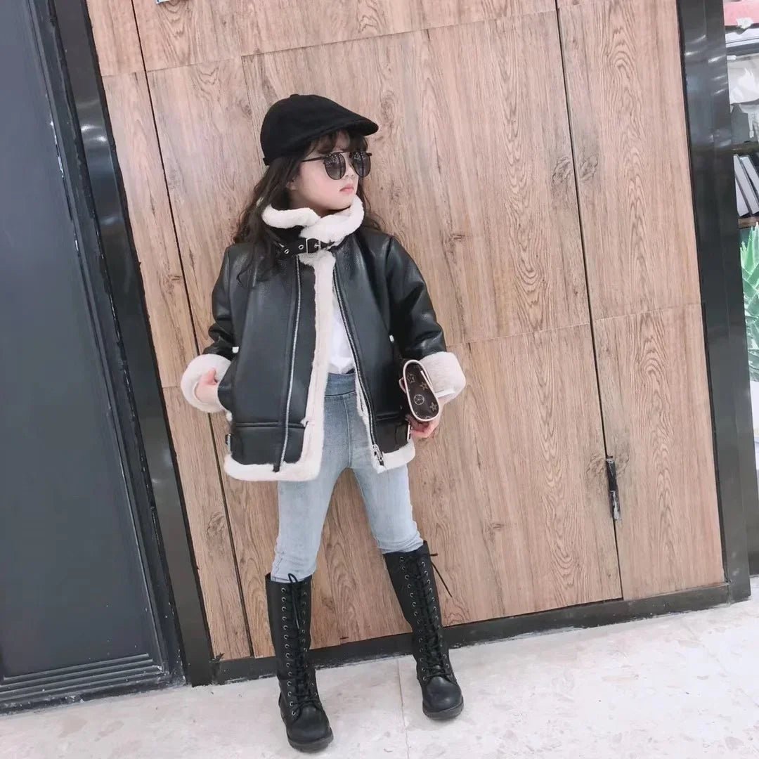 2024 Girls  Jacket  Leather Motorcycle  Kids Coats Fleece   Children  Jacket  Winter Autumn