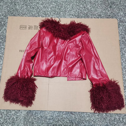 Autumn Winter PU Leather Cropped Jacket with Faux Fur Collar Women Casual Long Sleeve Buckle Coats New Fashion Female Streetwear
