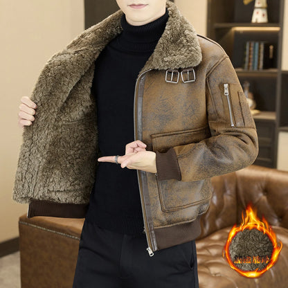 2025 Winter Fur Integrated Leather Jacket Men Thick Velvet Imitation Fur Leather Coat Loose Motorcycle Coat Casual Streetwear