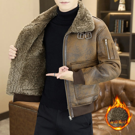 2025 Winter Fur Integrated Leather Jacket Men Thick Velvet Imitation Fur Leather Coat Loose Motorcycle Coat Casual Streetwear