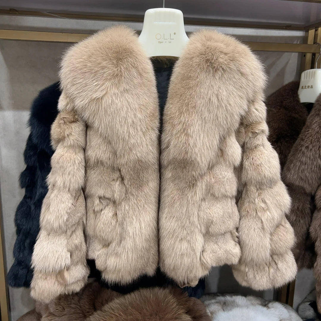 New women's natural real fox fur coat with fox collar for winter fashion and warmth short fox fur leather jacket HUA QIU MEI SI