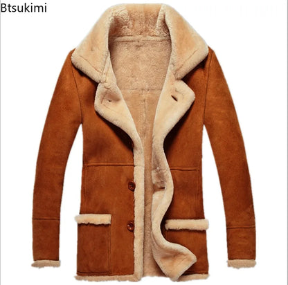 New Men's Faux Fur Jackets Winter Overcoat Thickened Plush Lining Lapel Coldproof European Style Leather Lapel Jacket Coat Male