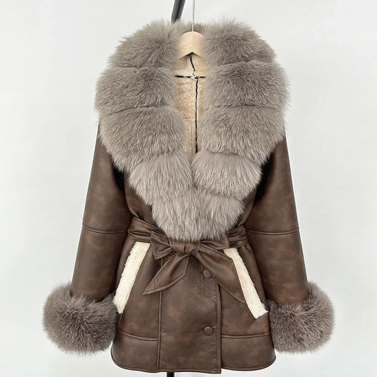 OFTBUY Real Fox Fur Jacket Lamb Fur Ladies 2025 Large Fur Coat Women Faux Leather Jacket New Autumn Winter Warm Outwear Tops