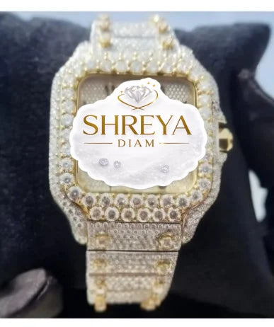 SHREYA DIAM Premium Quality Elegant Stainless Steel Square Quartz Diamond Roman Numeral Glass Watch Leather Strap Men Formal