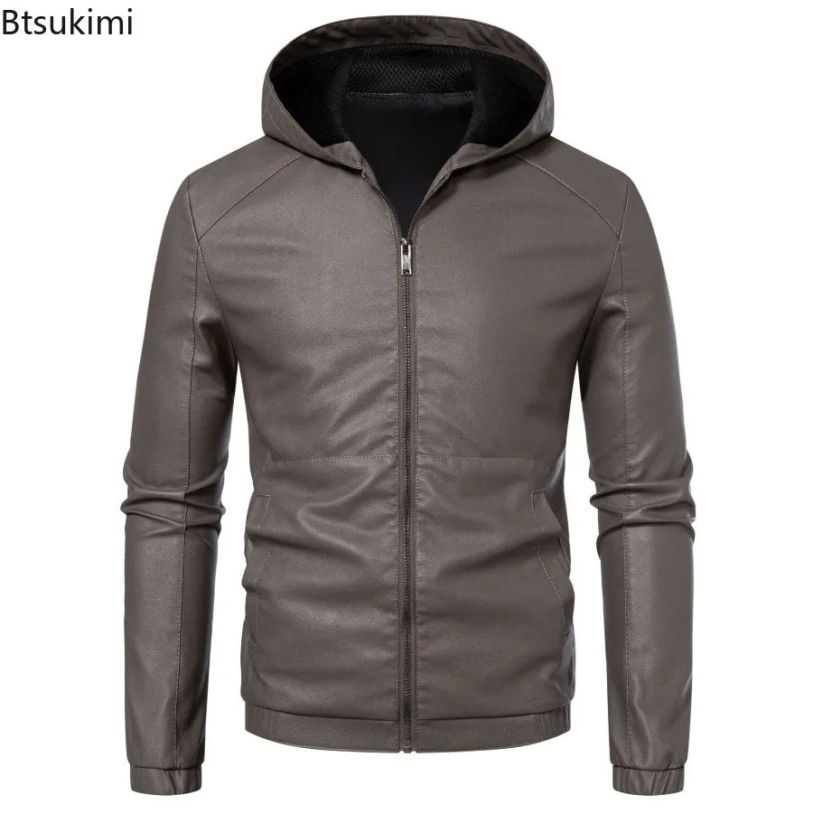 New Autumn Winter Men's Fleece Leather Jackets Casual Warm Windbreaker Hooded Coats Men Motorcycle PU Leather Jackets Streetwear