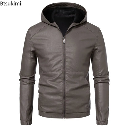 New Autumn Winter Men's Fleece Leather Jackets Casual Warm Windbreaker Hooded Coats Men Motorcycle PU Leather Jackets Streetwear