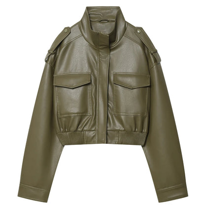 Women's Jacket Faux Leather Jacket Green Women's Demi-Season Jacket Outerwears Women's Autumn New In Coat Windbreaker Streetwear