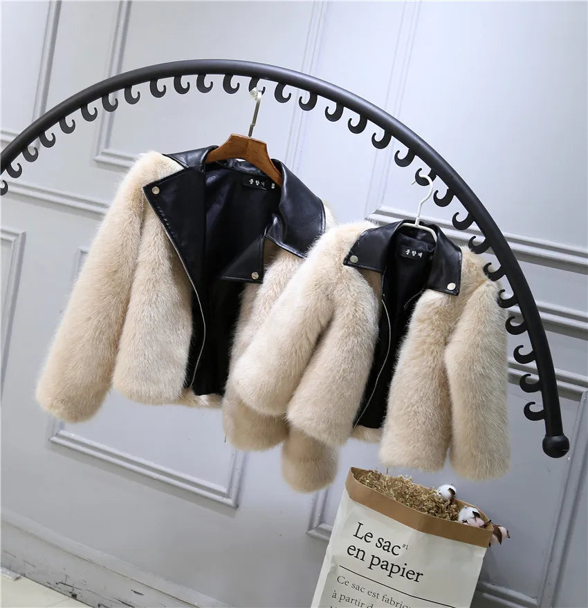 Kids Faux Fox Fur Jacket Short Thickened Biker Coat Leather & Fur Blend Outerwear for Boys Girls