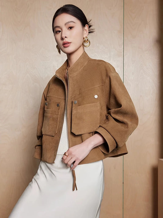 Genuine Leather Cropped Jackets for Women Spring Autumn High-end Simple Stand Collar Deer-patterned Real Goatskin Leather Coat