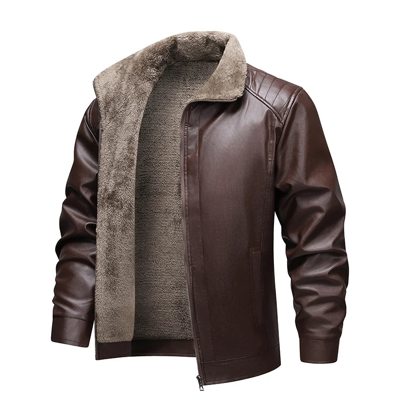 Leather Jacket Man Fleece Lined Winter Jacket Fashion Retro Motorcycle Biker Jacket Faux Leather Coat Outwear Casual Streetwear
