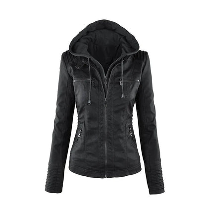 Faux Leather Jacket for Women, Female Winter Coat, Motorcycle Jacket, Faux Suede, PU Zipper Hoodies, Outerwear