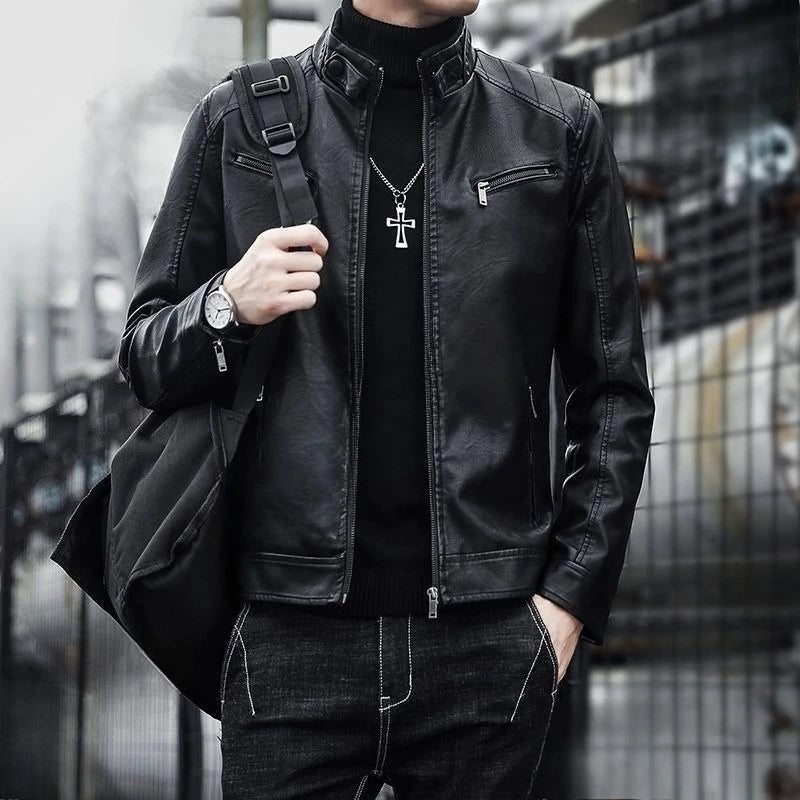 2026 New Leather Jacket Men's Spring and Autumn Thin Handsome Motorcycle Leather Jacket