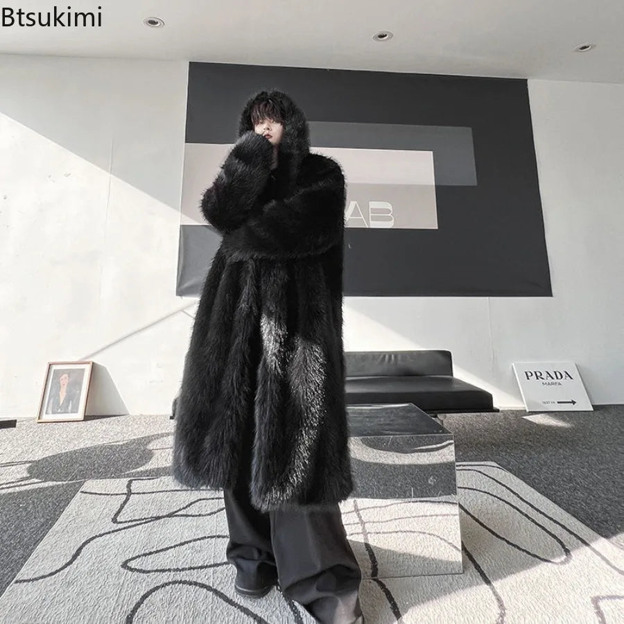 Faux Fur Coats Men's Casual Hooded Jackets Solid Round Neck Full Sleeve Longline Loose Fit Autumn and Winter Thick Warm Jackets
