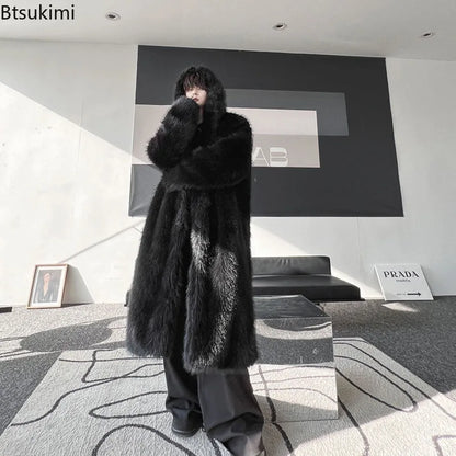 Faux Fur Coats Men's Casual Hooded Jackets Solid Round Neck Full Sleeve Longline Loose Fit Autumn and Winter Thick Warm Jackets