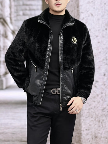 Winter Stand-Up Collar Men's Fashionable Casual Warm Faux Mink Fur Spliced Pu Leather Jacket