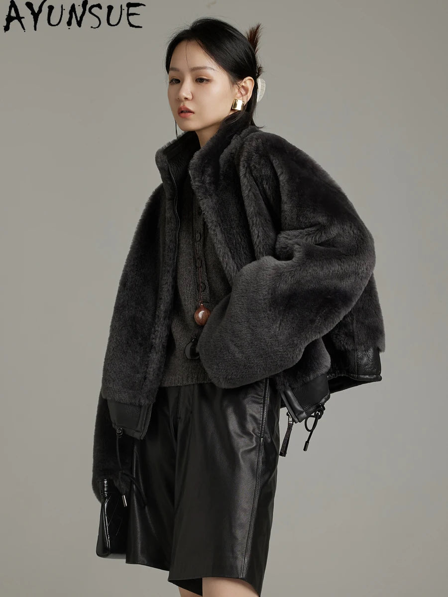 AYUNSUE Natural Sheepskin Fur Coat Women Stand Collar Real Leather Jacket Winter Jackets Luxury Clothing Female Шуба Женская