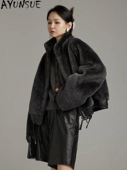 AYUNSUE Natural Sheepskin Fur Coat Women Stand Collar Real Leather Jacket Winter Jackets Luxury Clothing Female Шуба Женская