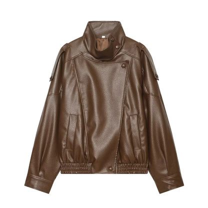 Women's Jacket 2026 Autunm  New Black Long Sleeve Pebble Faux Leather Jacket Motorcycle Style Personality Fashion