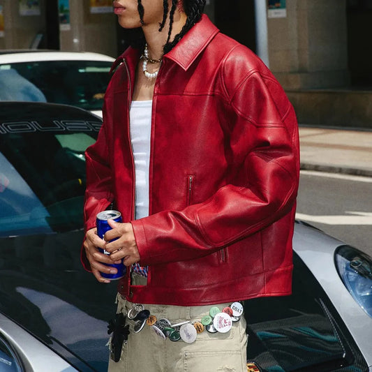 Men's Red Long-Sleeved  Leather Jacket American Retro Fashion Trend Street Hip-Hop Loose Casual Niche 2026 Men's New Jacket