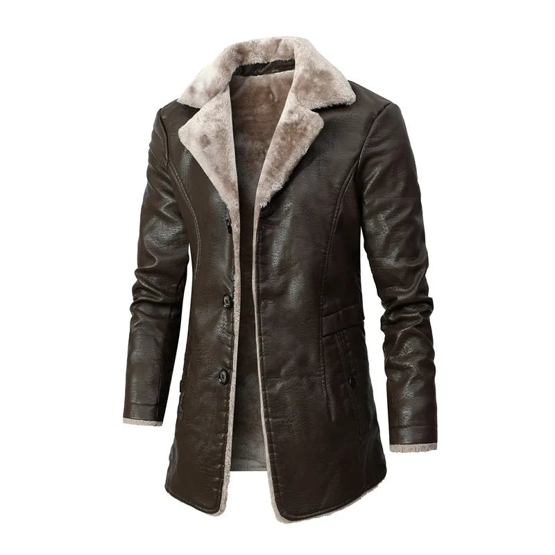 Men's Long Leather Coat PU Jacket for Men Winter Warm Fleece Lined Business Overcoat Trench Mens Outerwear Motorcycle Jacket