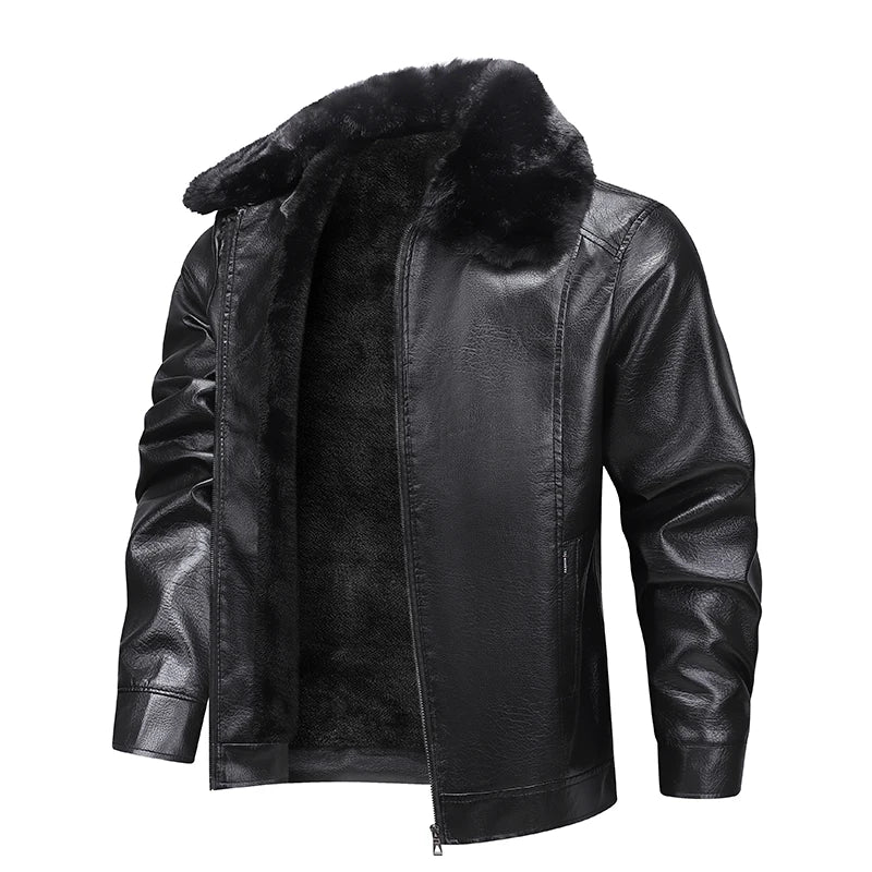 Fur Collar Men Faux Leather Jacket Winter Fleece Lined Biker Jackets Fashion Motorcycle Leather Coat Outwear Casual Streetwear