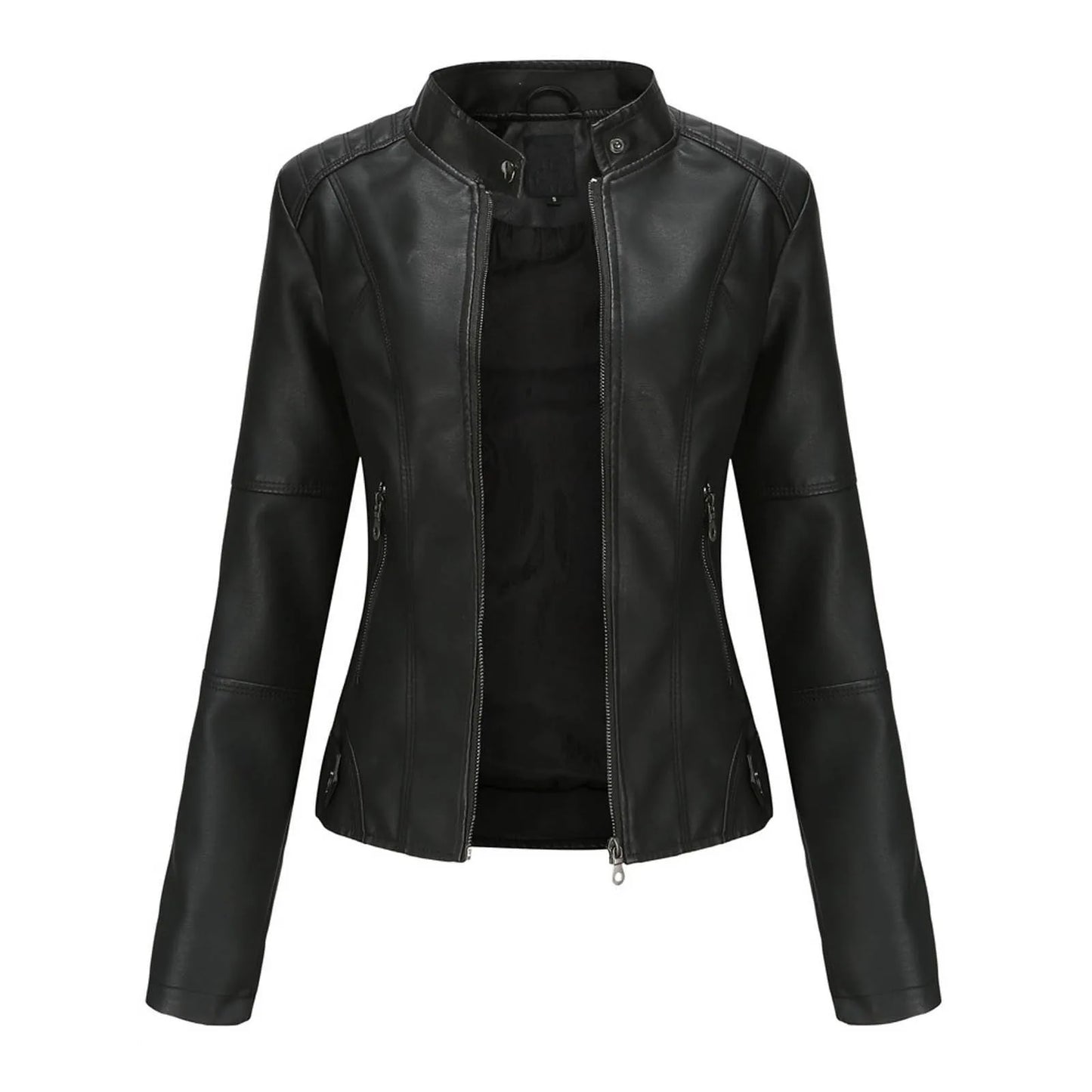 Women's Solid Color Pu Leather Jackets Slim Fit Zipper Leather Bomber Coat Turtleneck Women's Motorcycle Leather Jackets куртка