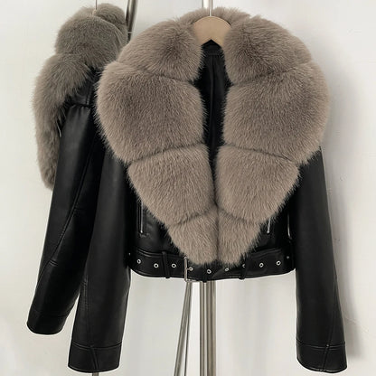 Faux Fur Coat  Female Autumn Faux Leather Jacket Short Clothing Long Sleeve Spring New PU Fur Jacket Artificial Women Pockets