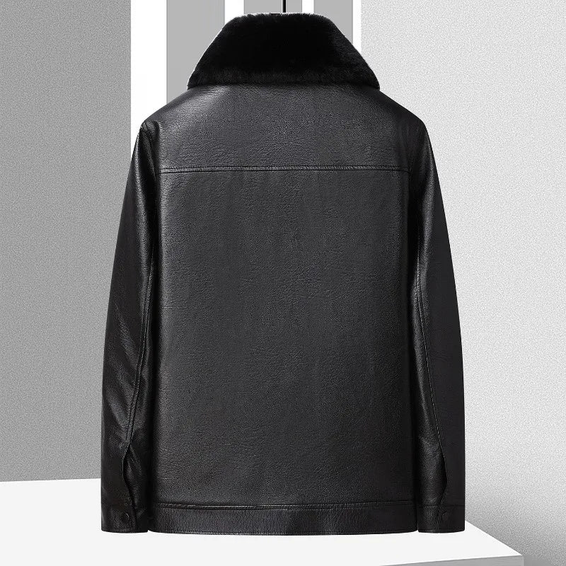 Men's Faux Fur Collar PU Leather Jacket Velvet Thickened Faux Leather Autumn Winter Coat Fleece-Lined Men's Outerwear
