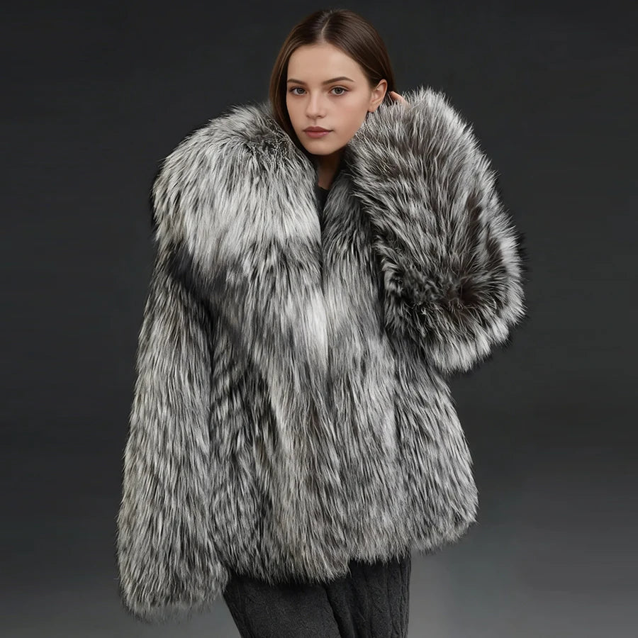 Natural Fox Fur Jacket With Turndown Collar Real Silver Fox Fur Jacket Winter Jackets For Women Luxury Genuine Fur Outwear