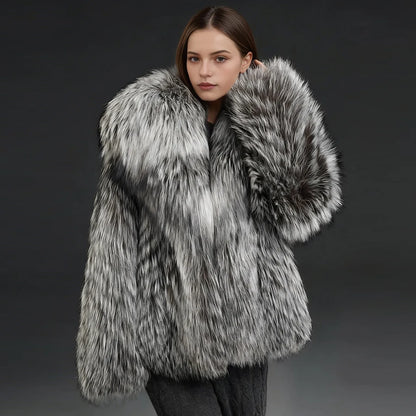 Natural Fox Fur Jacket With Turndown Collar Real Silver Fox Fur Jacket Winter Jackets For Women Luxury Genuine Fur Outwear