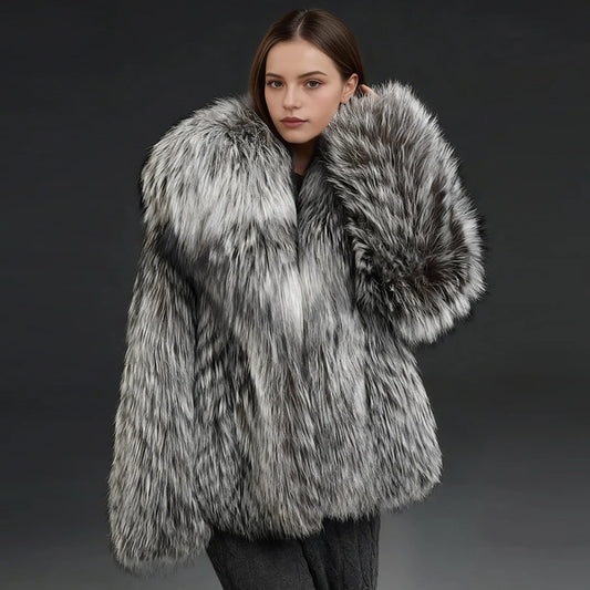 Natural Fox Fur Jacket With Turndown Collar Real Silver Fox Fur Jacket Winter Jackets For Women Luxury Genuine Fur Outwear