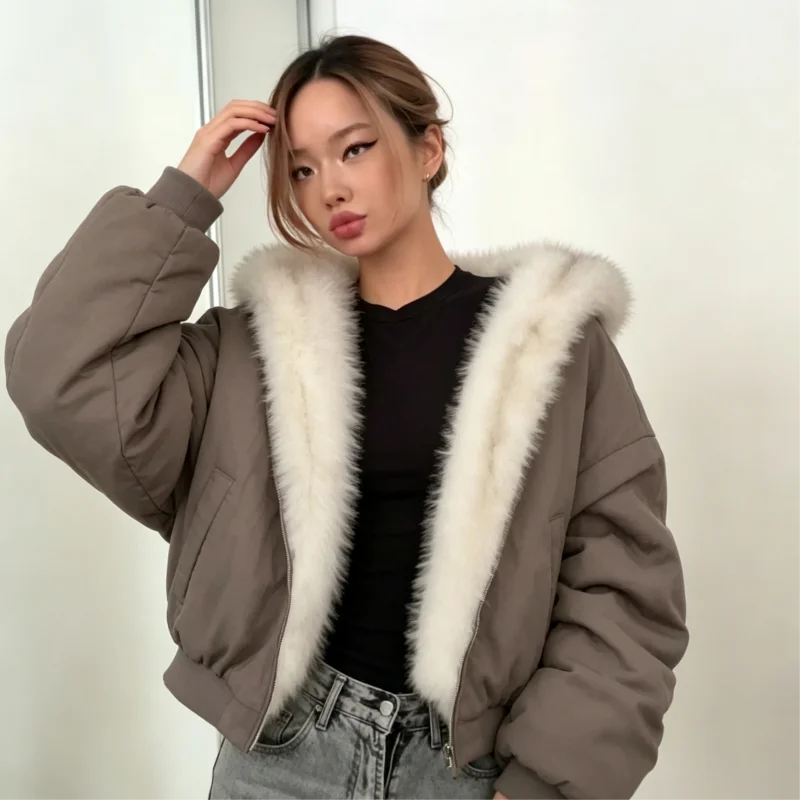 Reversible Faux Fur Hooded Jacket Women Zip Up Oversized Cropped Coat 2 Ways Wear 2026 Winter Casual Street Outerwear