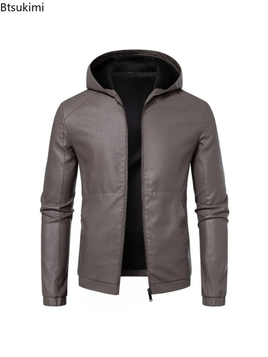 New Autumn Winter Men's Fleece Leather Jackets Casual Warm Windbreaker Hooded Coats Men Motorcycle PU Leather Jackets Streetwear