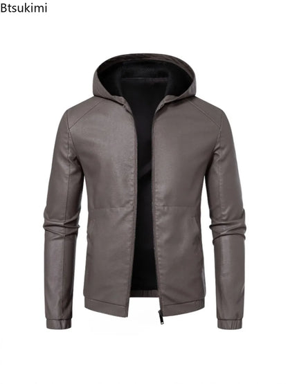 New Autumn Winter Men's Fleece Leather Jackets Casual Warm Windbreaker Hooded Coats Men Motorcycle PU Leather Jackets Streetwear