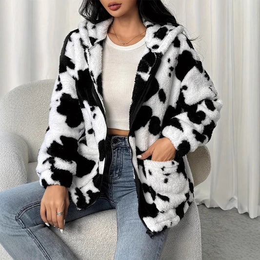 Faux Fur Jacket 2025 Autumn and Winter Printed Casual Zipper Women's Warm Jacket
