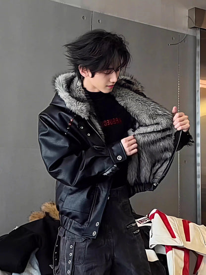 Good Quality PU Leather Faux Fur Leather Jacket Winter Coat Man Woman Vintage Casual Thicken Warm Leather Coat Outerwear