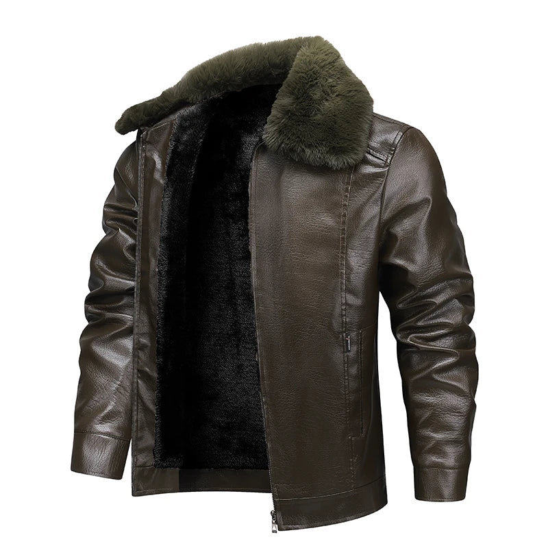 Fur Collar Men Faux Leather Jacket Winter Fleece Lined Biker Jackets Fashion Motorcycle Leather Coat Outwear Casual Streetwear