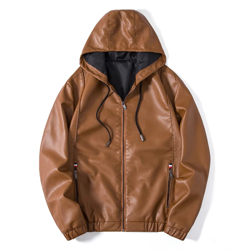 Hooded Leather Jacket Men Black Leather Jacke Hooded Lighweight Motorcycle Jacket Men Fashion Clothing New Mens High Quality