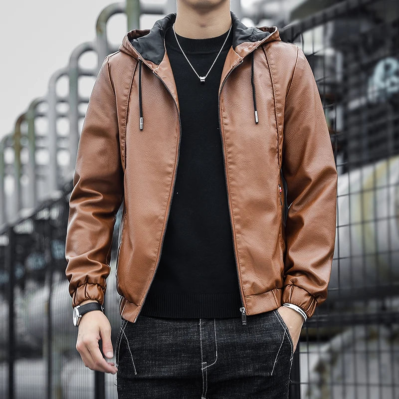 Hooded Leather Jacket Men Black Leather Jacke Hooded Lighweight Motorcycle Jacket Men Fashion Clothing New Mens High Quality