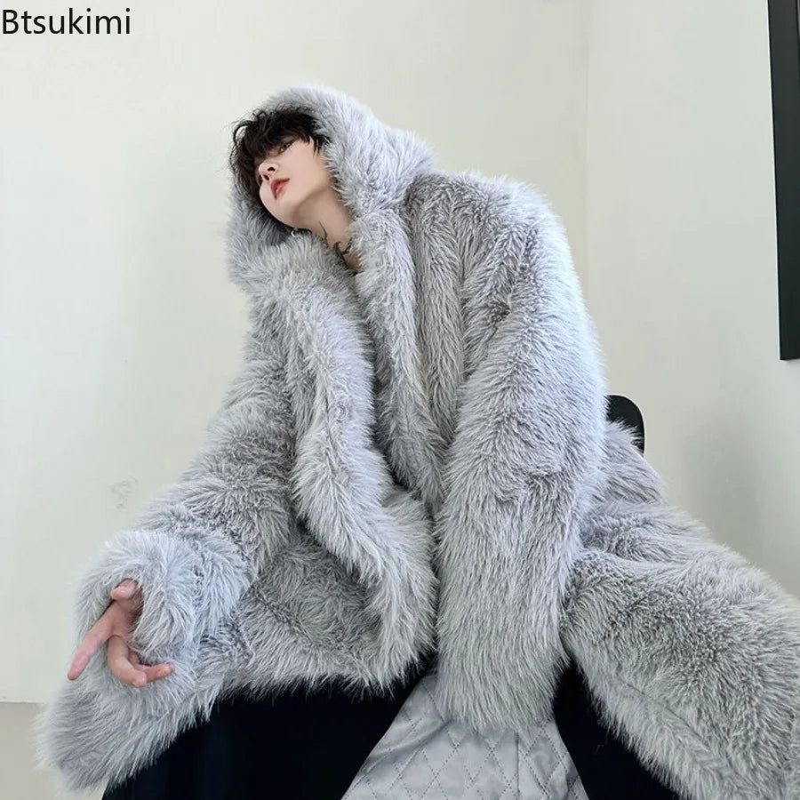 Faux Fur Coats Men's Casual Hooded Jackets Solid Round Neck Full Sleeve Longline Loose Fit Autumn and Winter Thick Warm Jackets