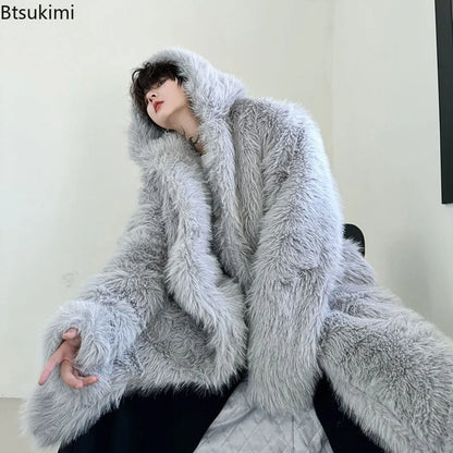 Faux Fur Coats Men's Casual Hooded Jackets Solid Round Neck Full Sleeve Longline Loose Fit Autumn and Winter Thick Warm Jackets
