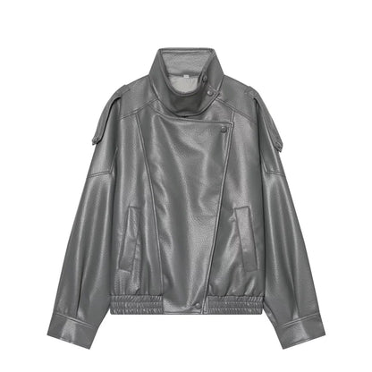 Women's Jacket 2026 Autunm  New Black Long Sleeve Pebble Faux Leather Jacket Motorcycle Style Personality Fashion
