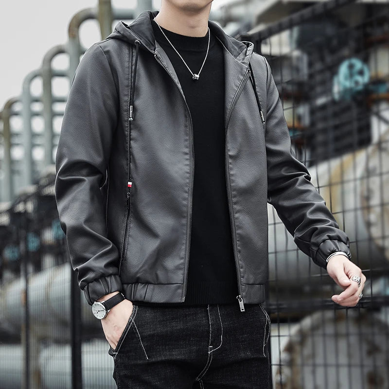 Hooded Leather Jacket Men Black Leather Jacke Hooded Lighweight Motorcycle Jacket Men Fashion Clothing New Mens High Quality
