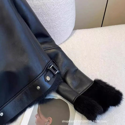 Faux PU Leather Coats Women Fur Collar Coat Thick Warm Short Jackets Spring Streetwear Button Open Stitch Jacket Autumn Winter