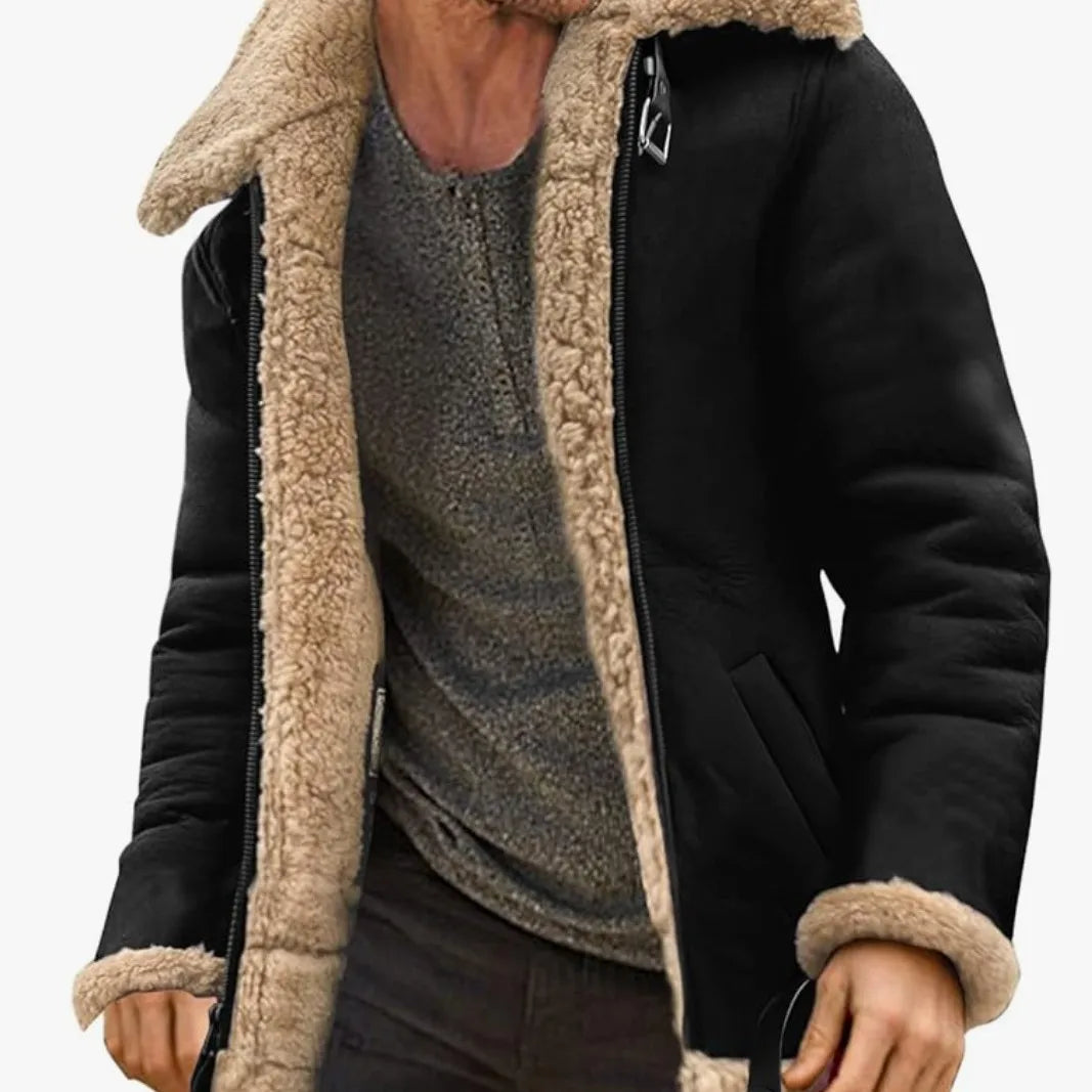 Thickened Leather Fur Integrated Men's Jacket Men's Outerwear Fashionable Urban Style Zipper Closure Solid Color Winter Coat