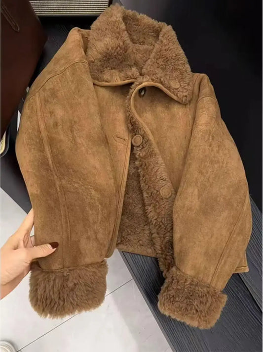 Caramel Lamb Fur Jacket Short Warm Retro Style Integrated Leather And Fur Women's Coat Thickened Straight Cut Daily Wear