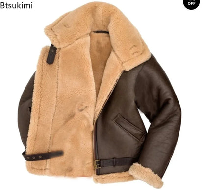 2026 Men's Winter Plush Leather Jacket Fashion Integrated Fur Thickened Warm Long Sleeve Cardigan Coats Leisure Versatile Jacket
