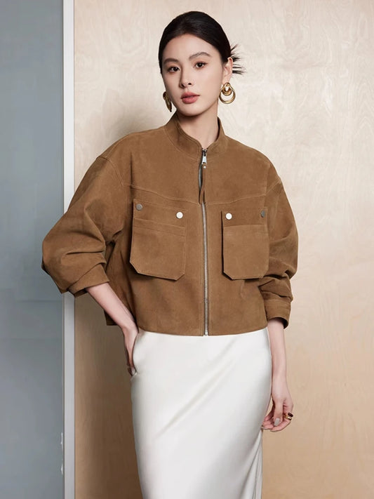 Genuine Leather Cropped Jackets for Women Spring Autumn High-end Simple Stand Collar Deer-patterned Real Goatskin Leather Coat
